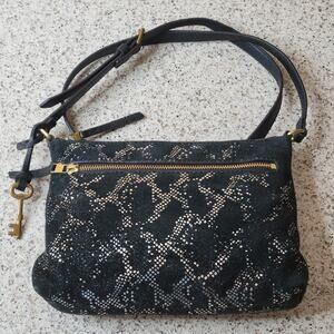 FOSSIL Fiona Leather Suede Silver Metallic Snakeskin Small Crossbody Adjustable